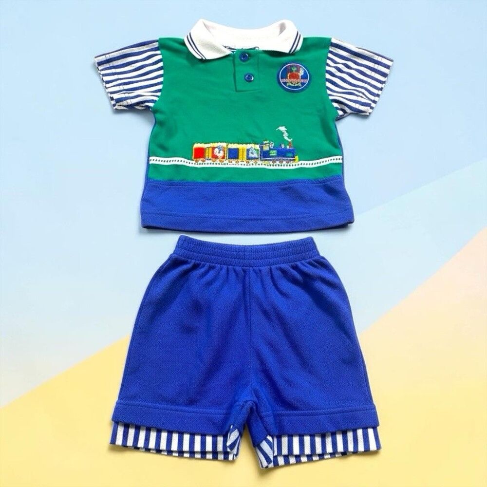 Vintage Buddy Boys Baby Boy 2pc Polo Shorts Set 18 Months Train Embroidered 90s
